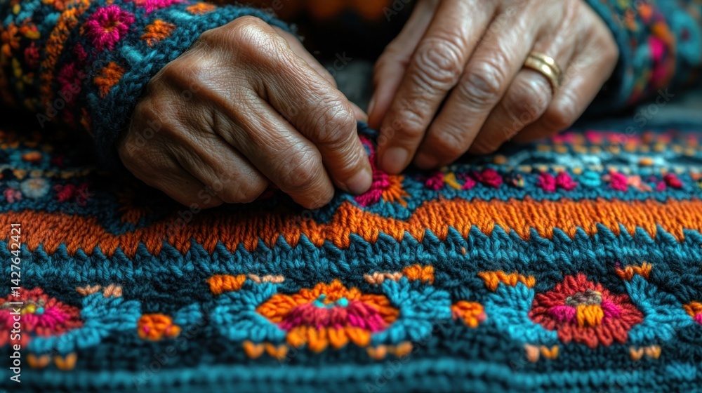 Close-up of Hands Skillfully Embroidering a Vibrant Textile Close-up of Hands Skillfully Embroidering a Vibrant Textile
