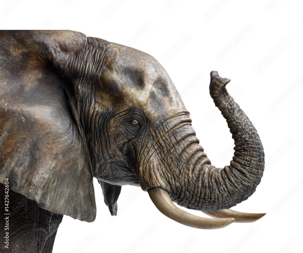 Fototapeta premium Majestic African Elephant Portrait with Detailed Textured Skin, Raised Trunk and Ivory Tusks Showing Wildlife Close-up Isolated on Transparent and White Background