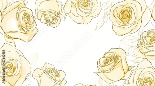 Elegant seamless gold rose line art pattern on a white background, featuring simple flat design in minimalistic linear vector style for high-resolution digital use.  