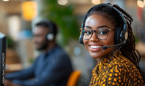 Obraz na płótnie Customer service environment featuring a manager and consultant assisting with online consultations. Cheerful and professional telemarketing agents implementing CRM strategies in an office setting w salonie