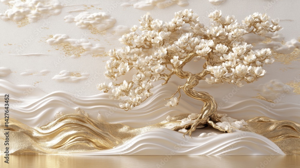 Golden Bonsai tree with Stucco Stems and Leaves An elegant 3D floral background. Elegant 3D Floral Background Featuring Golden Bonsai tree with Stucco Stems and Leaves.