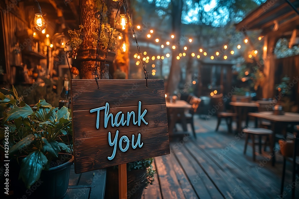 Naklejka premium Thank you sign at an outdoor restaurant with string lights