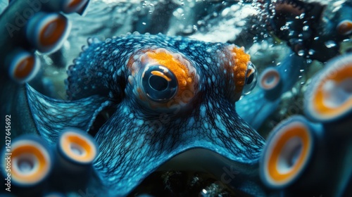 Fototapeta Naklejka Na Ścianę i Meble -  Underwater octopus portrait, coral reef background, ocean wildlife