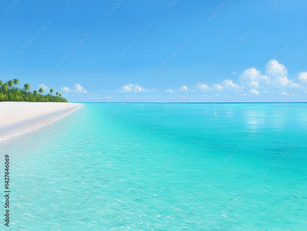 Fototapeta premium Tropical Beach Paradise Overview. Discover serene coastal getaway azure water pristine sand lush palm ideal location tranquil ambiance ultimate relaxation breathtaking view