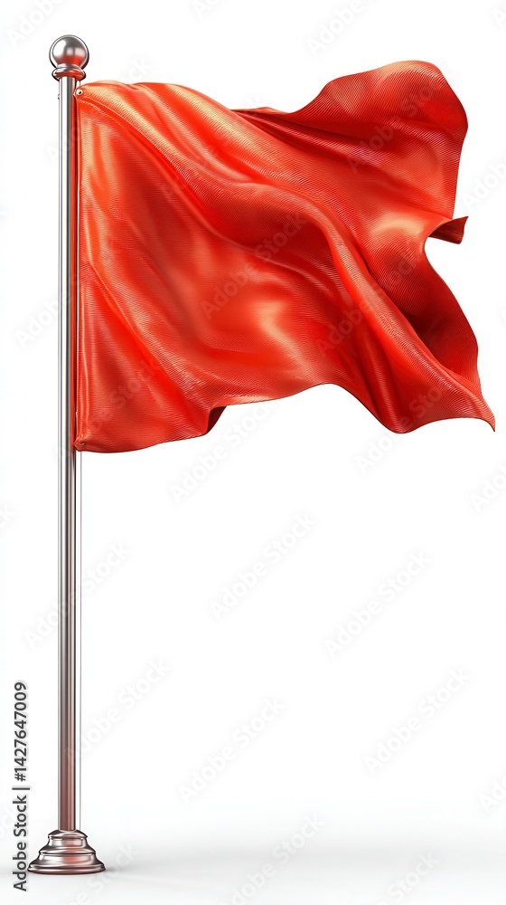 Vibrant red flag waving on pole danger alert. Symbolizes warning emergency security concern attention sign. Isolated design element on white backdrop for advertisement. Bright scarlet Vibrant red flag waving on pole danger alert. Symbolizes warning emergency security concern attention sign. Isolated design element on white backdrop for advertisement. Bright scarlet