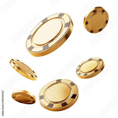 flying golden casino chips isolated on transparent white background, clipping path