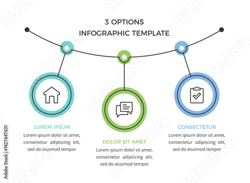 Minimalist infographic template with three circular options connected by a line, suitable for business presentations, workflow steps, or data visualization, vector eps10 illustration