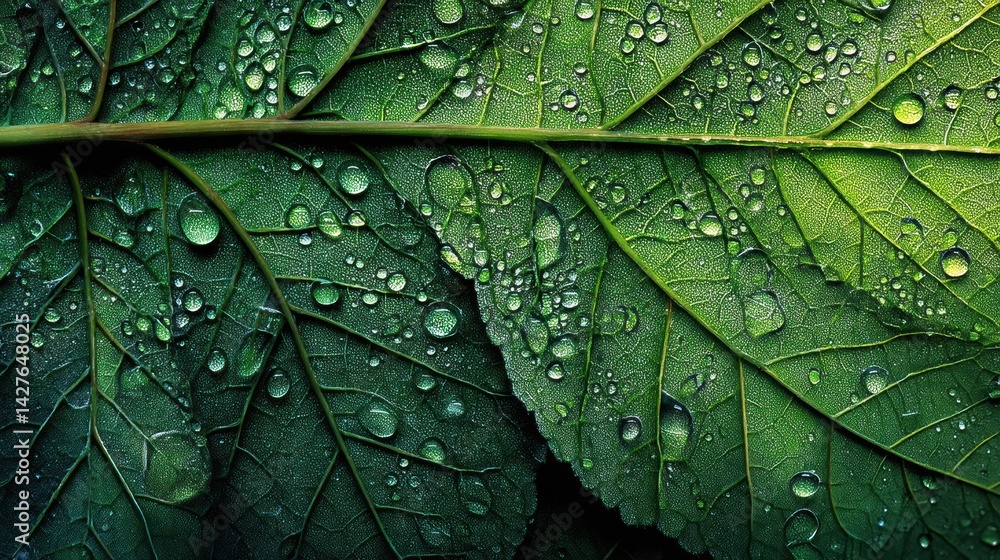 Fototapeta premium Morning Dew Glistens on Detailed Leaf Showcasing Intricate Veins and Vibrant Green Hues in Serene Outdoor Setting