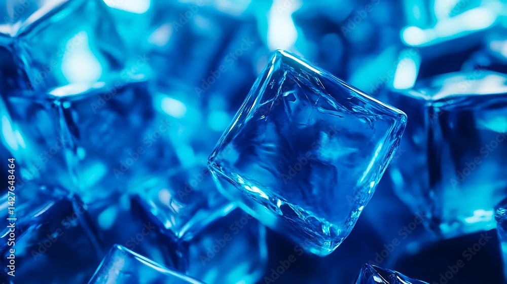 Closeup of clear blue ice cubes with frozen texture and glowing light in abstract cold background
Closeup of clear blue ice cubes with frozen texture and glowing light in abstract cold background
