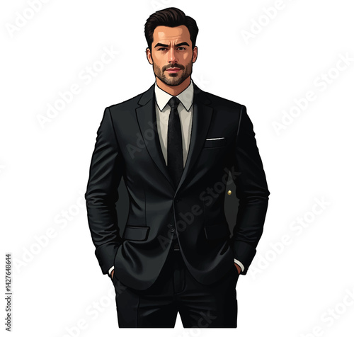 The image depicts a sleek, black icon of a refined man in his mid-40s, wearing a suit and tie against a backdrop of a city skyline.