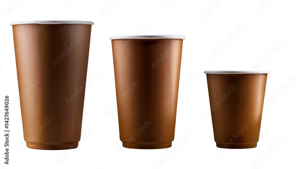 Three disposable cups of varying sizes with a textured brown surface and white rims, designed for hot or cold beverages. Three disposable cups of varying sizes with a textured brown surface and white rims, designed for hot or cold beverages.