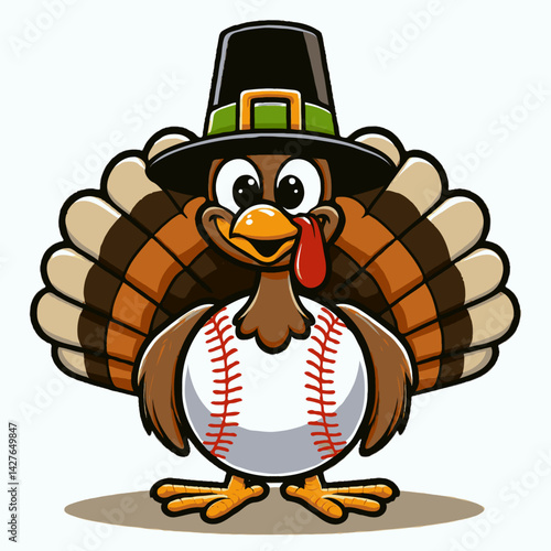 cartoon turkey with pilgrim hat and baseball body