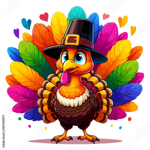 cartoon turkey with colorful feathers and pilgrim hat