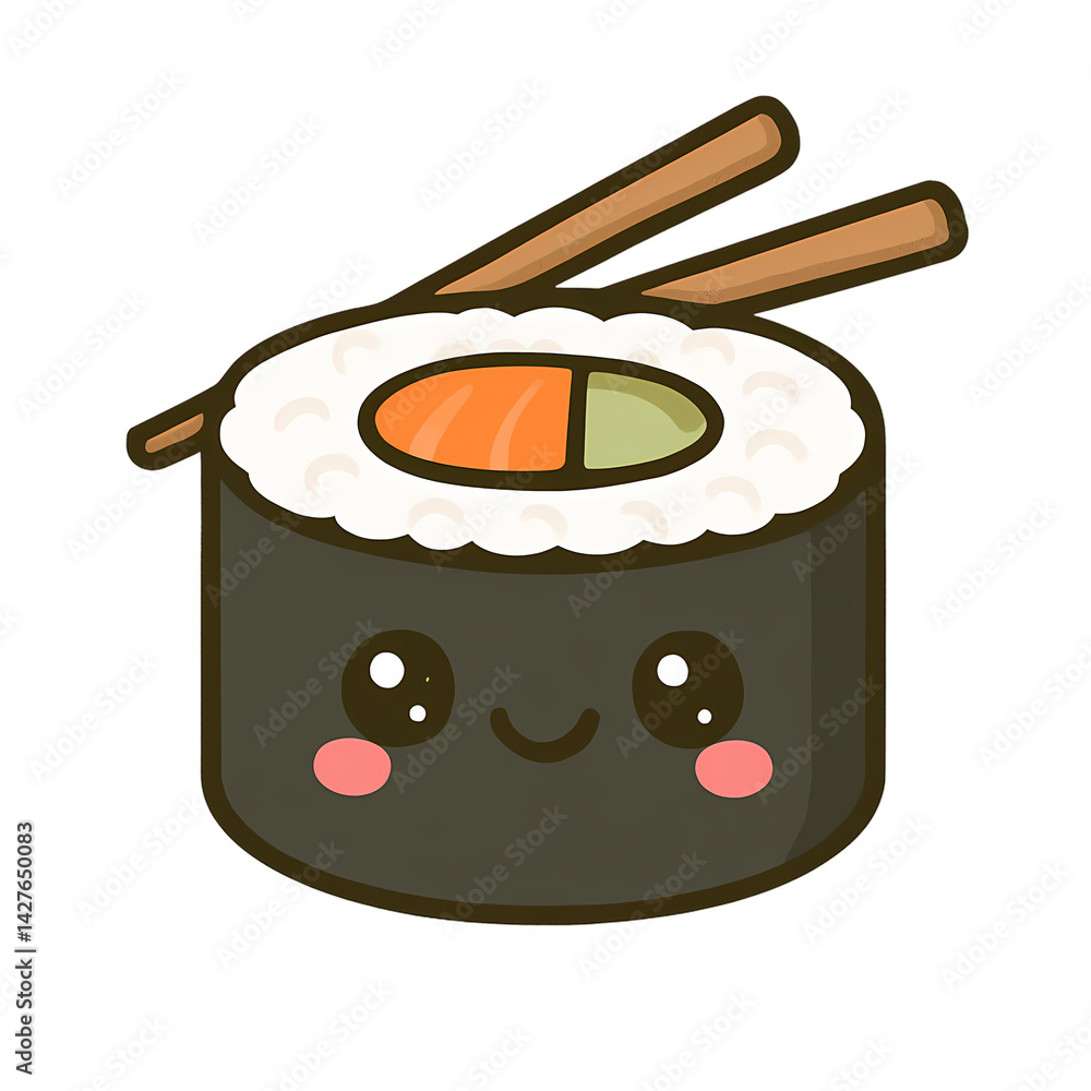 kawaii sushi roll with chopsticks and cute smile