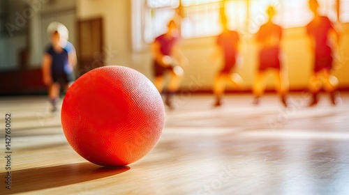 Dodgeball Action Gym Game with Red Ball Closeup.