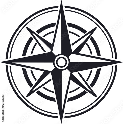 Black and white compass rose icon – navigation symbol representing direction, travel, exploration, nautical guidance, and wayfinding in vintage style.