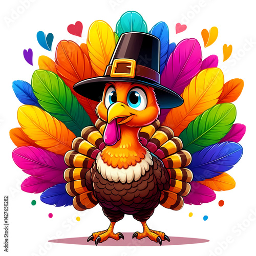 Obraz na płótnie cartoon turkey with colorful feathers and pilgrim hat w salonie