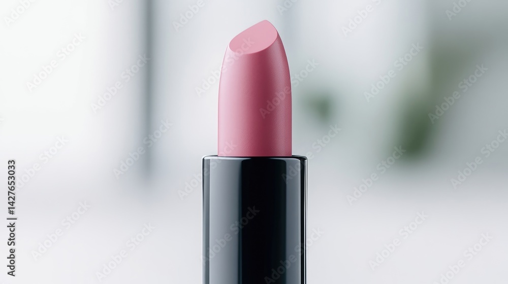 Close-up of a delicate pink lipstick. A smooth, light-pink lipstick with a sleek, black casing is presented in a soft, studio setting. The focus is on the lipstick's tip and the smooth texture Close-up of a delicate pink lipstick. A smooth, light-pink lipstick with a sleek, black casing is presented in a soft, studio setting. The focus is on the lipstick's tip and the smooth texture