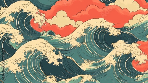 Retro Japanese Wave Ocean Art Print.