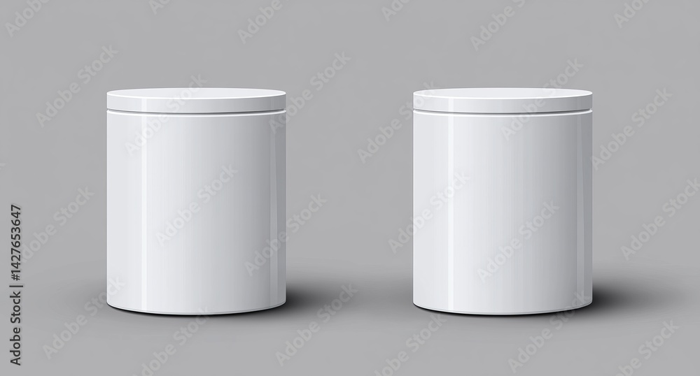 Blank white cylindrical containers on gray background Blank white cylindrical containers on gray background
