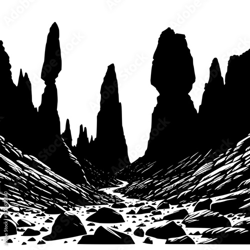 Silhouette of towering red rock formations under dusk sky