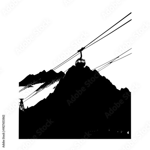 Silhouette of cable car ascending alpine mountain ridge