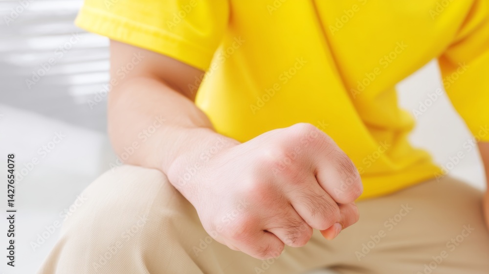 Fototapeta premium Man Clenching Fist in Yellow Shirt and Beige Pants Indoor Studio Shot Close Up