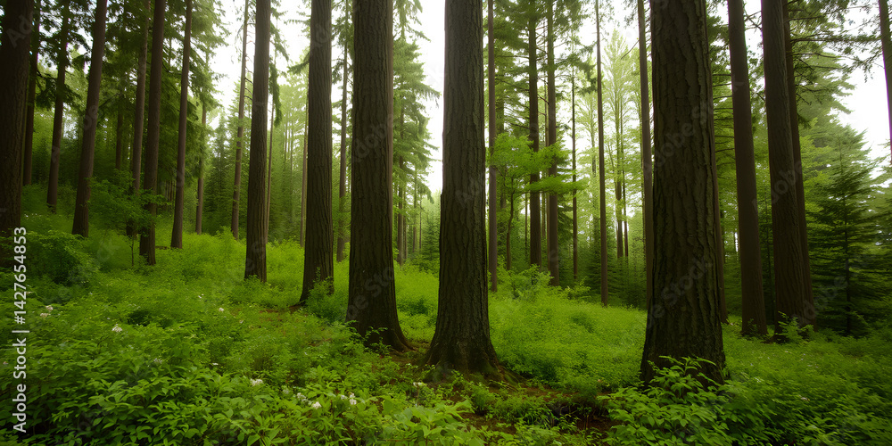 A serene forest scene featuring tall trees standing amidst lush green vegetation, creating a tranquil and inviting atmosphere. A serene forest scene featuring tall trees standing amidst lush green vegetation, creating a tranquil and inviting atmosphere.