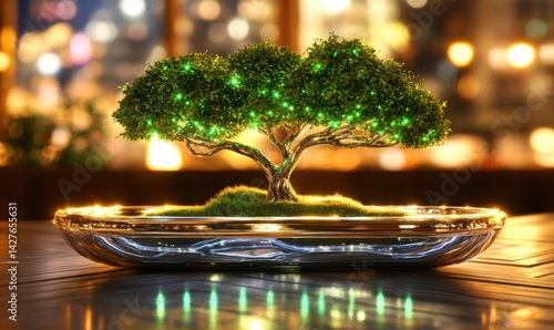Illuminated Bonsai Tree on Table, Night City Background, Peaceful Atmosphere, Interior Decoration