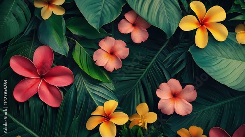 A vibrant tapestry of colorful flowers stretches across the background, bursting with hues of red, yellow, pink, and purple.