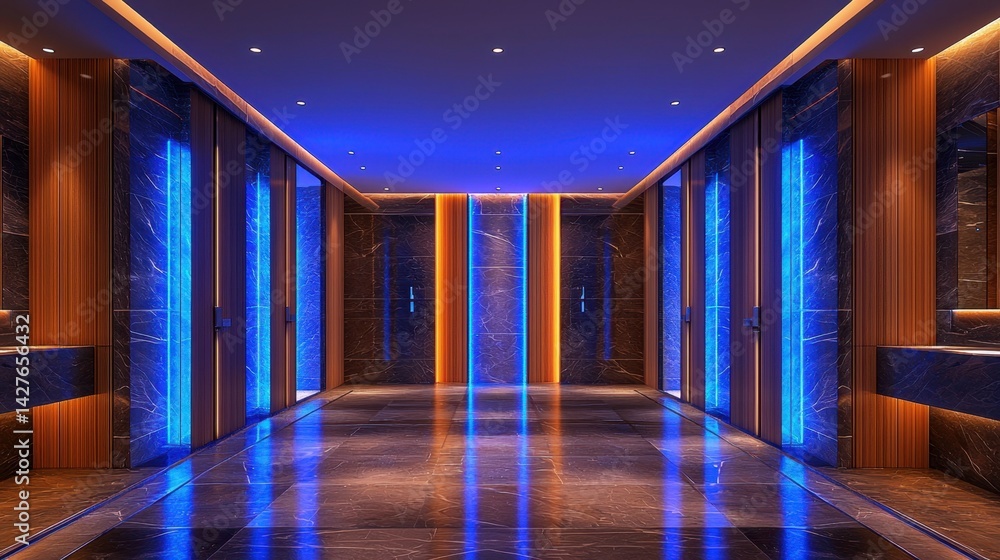 Modern 3D-rendered bathroom showcasing marble details, warm wood paneling, and a soft-lit ambiance.