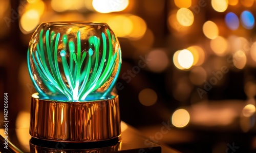 Illuminated glass art glows in a warm, dimly lit interior