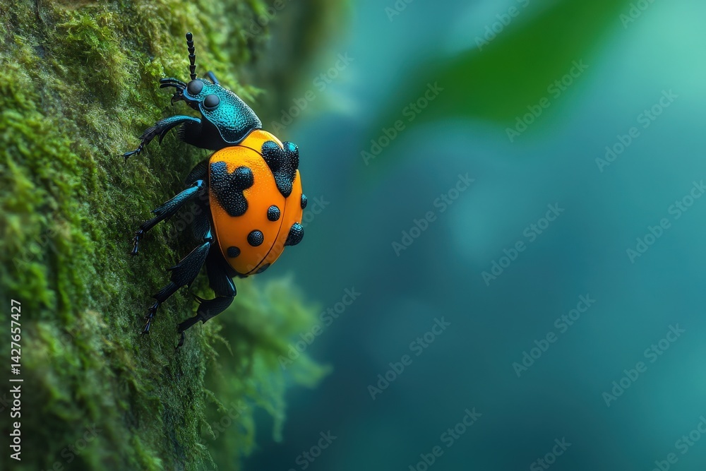 Fototapeta premium Close-up of a vibrant orange and black beetle on moss-covered bark.