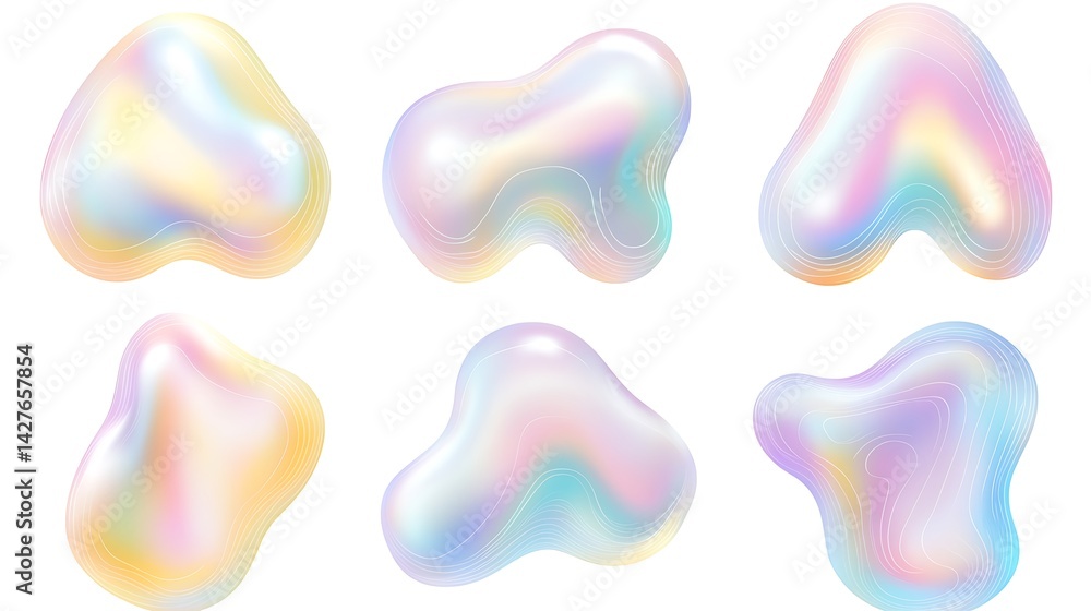 Six Iridescent Amorphous Shapes on White Background Six Iridescent Amorphous Shapes on White Background