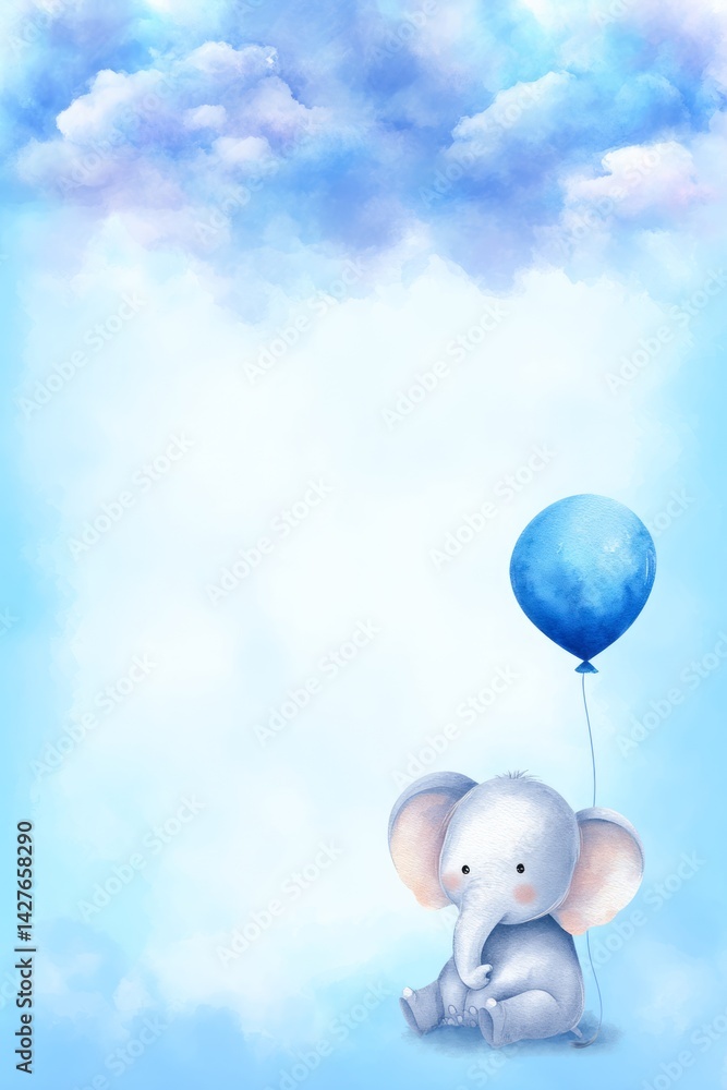 Naklejka premium Adorable Elephant with Blue Balloon Against Soft Cloudy Sky Background for Child Art