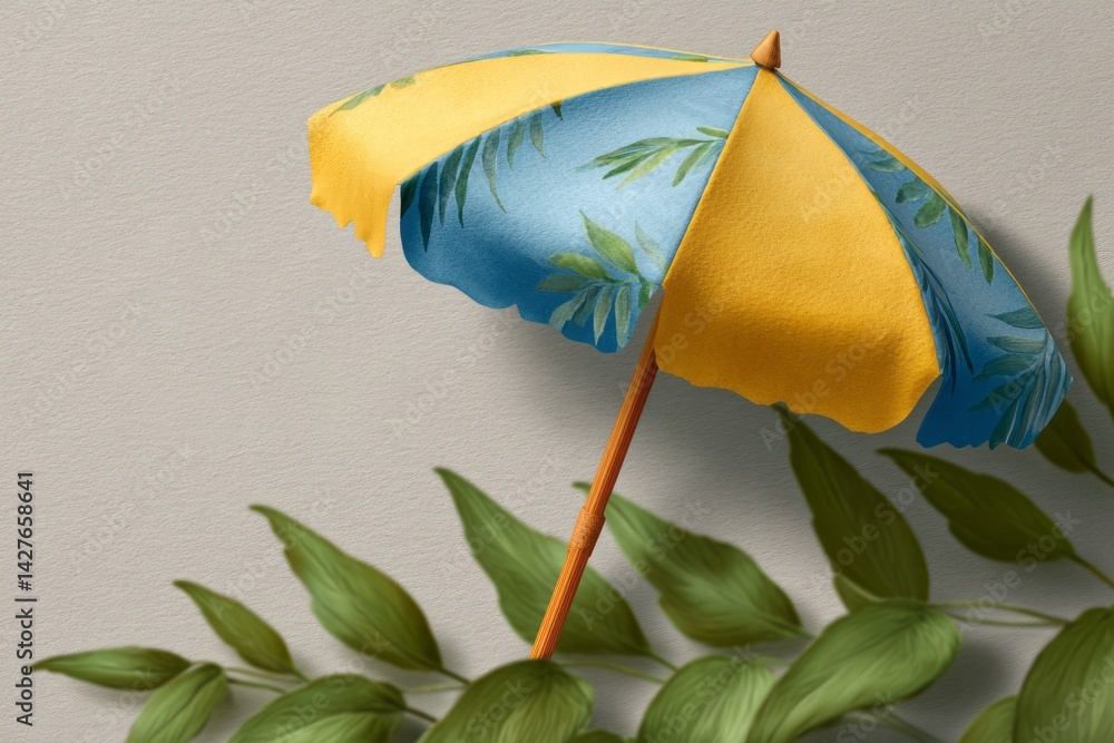 Colorful Beach Umbrella with Leaf Patterns on a Gentle Background Design for Summer Themes