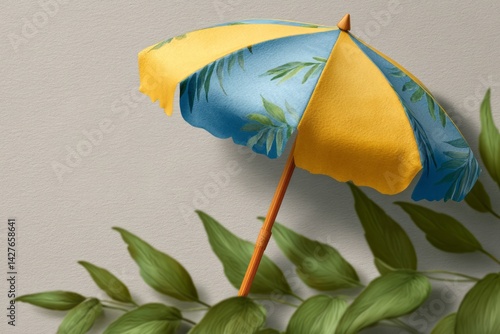 Obraz na płótnie Colorful Beach Umbrella with Leaf Patterns on a Gentle Background Design for Summer Themes w salonie