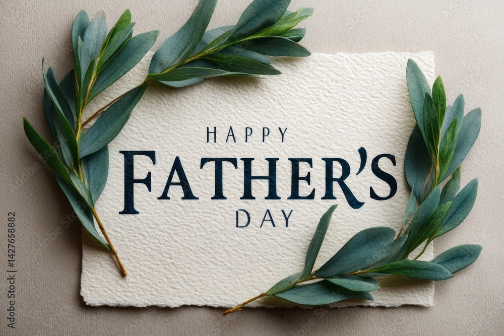 Elegant Father's Day Greeting Card with Greenery Border and Script Typography Design