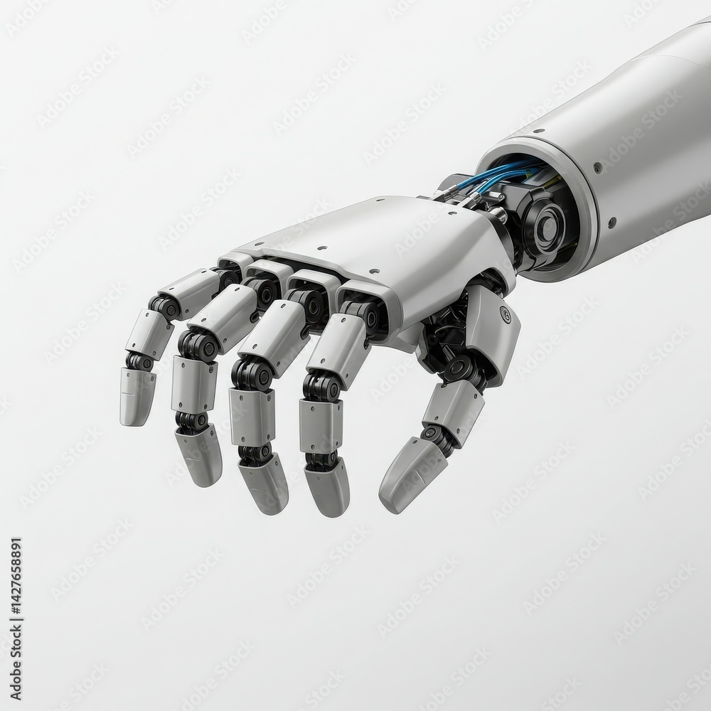 Close up of a robotic arm with exposed wires and joints against a white background in soft lighting Close up of a robotic arm with exposed wires and joints against a white background in soft lighting