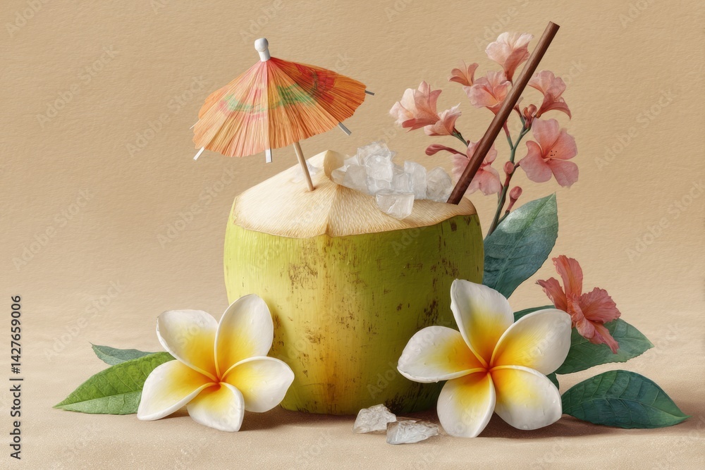 Refreshing Coconut Drink with Umbrella and Flowers on Beige Background for Tropical Vibes