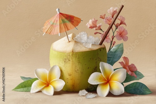 Obraz na płótnie Refreshing Coconut Drink with Umbrella and Flowers on Beige Background for Tropical Vibes w salonie