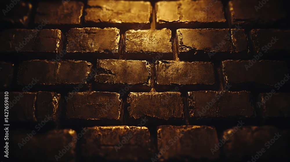 Ethereal golden brick facade illuminated by an unseen celestial light Ethereal golden brick facade illuminated by an unseen celestial light