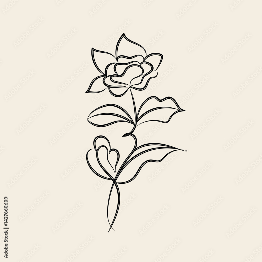 Obraz premium Elegant Black Line Art Flower Drawing Botanical Illustration