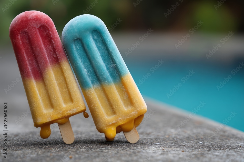 Colorful Frozen Treats in Red, Blue, and Yellow Against a Summer Background