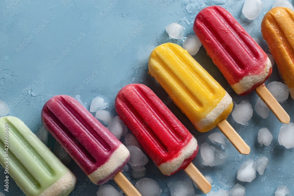 Colorful Ice Pops on a Blue Surface Surrounded by Ice Cubes in Summer Vibes Display