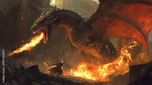 a close up of a dragon attacking a man with a sword