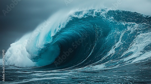 Fototapeta Naklejka Na Ścianę i Meble -  Giant ocean wave crashing, dramatic sky, coastal background, nature photography