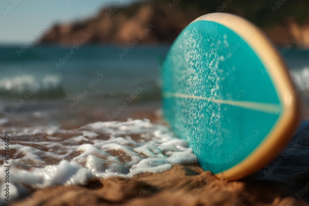Surfboard on Sandy Beach with Gentle Waves and Sparkling Water Background in Summer Setting