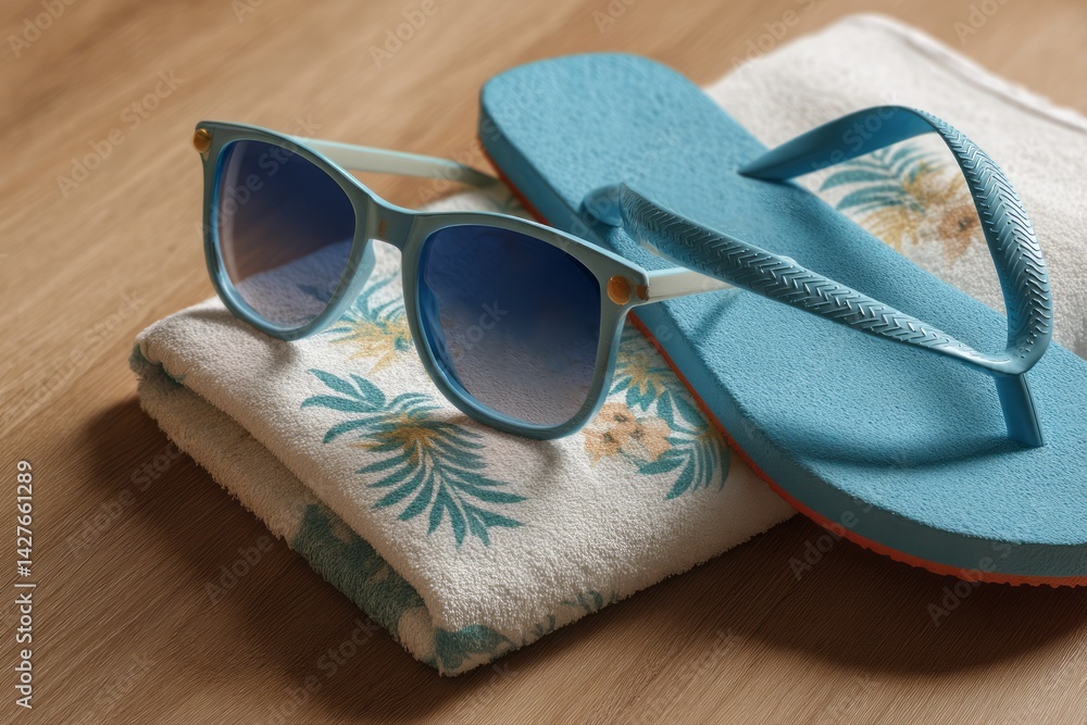 Blue Sunglasses and Flip Flops on Tropical Towel, Summer Vacation Essentials for Relaxation