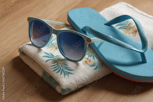 Obraz na płótnie Blue Sunglasses and Flip Flops on Tropical Towel, Summer Vacation Essentials for Relaxation w salonie